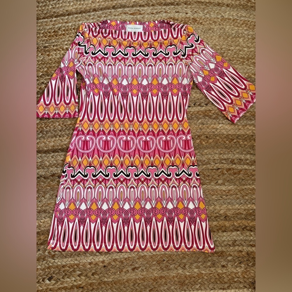 Donna Morgan Size 6 Pink & Orange Stretchy Retro Geometric Dress
